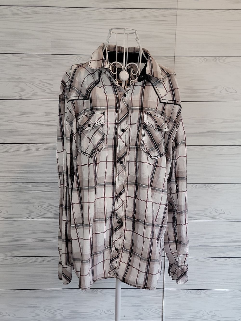 BKE Men's 100% Cotton Plaid Button-Up Shirt - Cream, Black & Burgundy Size XL